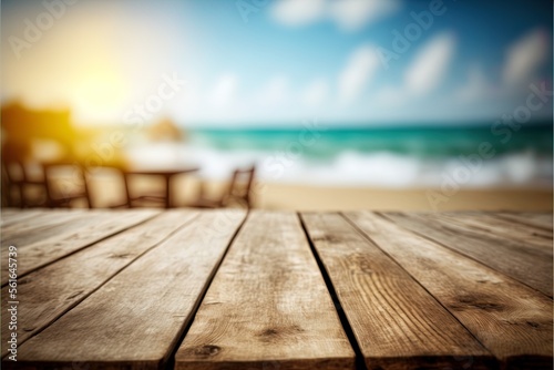 Desk space for travel product on blurred seaside