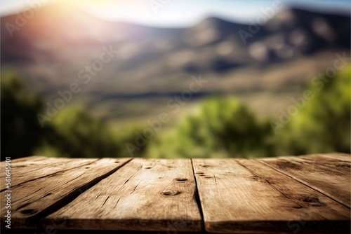 Empty wood desk blurred natural background