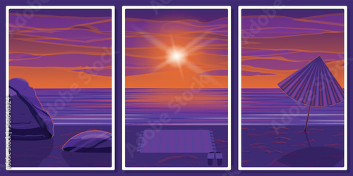 Frames with highway seascape at sunset, wall art vector set - for wall framed prints, canvas prints, poster, home decor