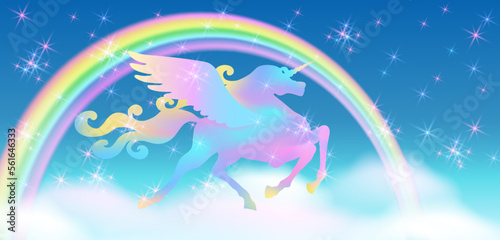 Fototapeta Naklejka Na Ścianę i Meble -  Galloping Unicorn Pegasus and rainbow in blue sky against the background of the fantasy universe with rainbow and sparkling stars.
