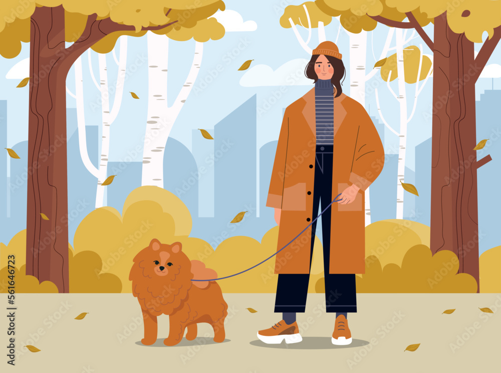 Autumn walk with dog. Young girl in stylish beige clothes with pet on leash. Housework and routine. Love and care for pets. Fall season, town or city park concept. Cartoon flat vector illustration Autumn walk with dog. Young girl in stylish beige clothes with pet on leash. Housework and routine. Love and care for pets. Fall season, town or city park concept. Cartoon flat vector illustration