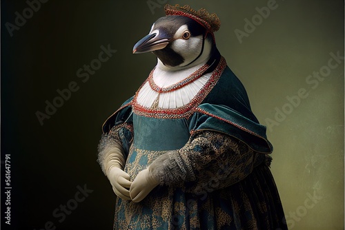 Created with Generative AI technology. portrait of a penguin in renaissance clothing