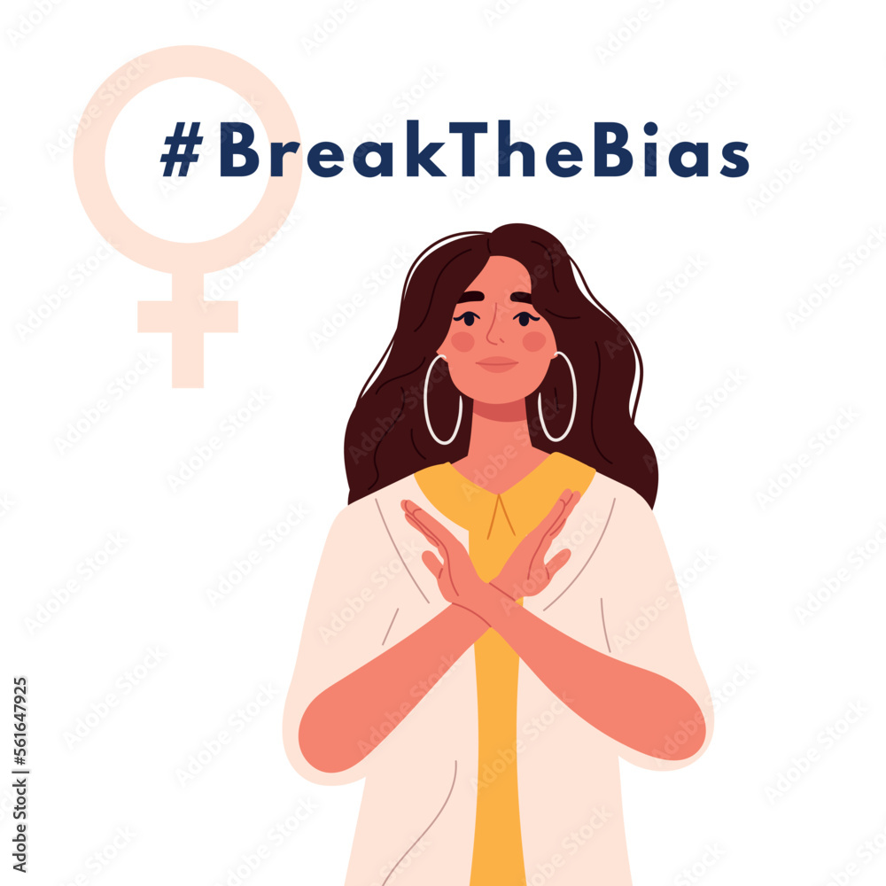 Banner Break The Bias. International women's day. 8th march. Woman crossed her arms. Vector isolated illustration Banner Break The Bias. International women's day. 8th march. Woman crossed her arms. Vector isolated illustration