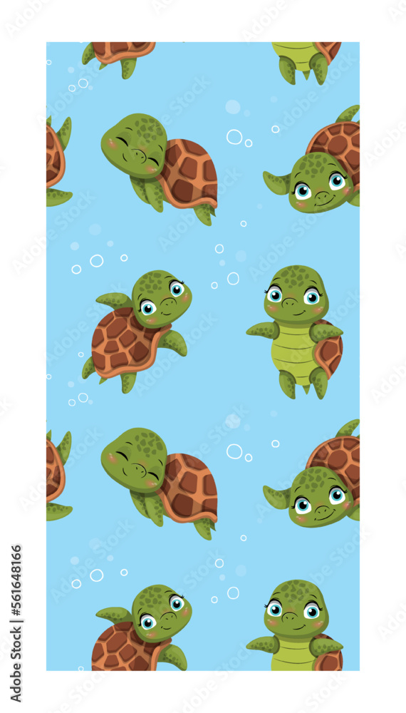 Obraz premium Turtle seamless pattern. Repeating design element for printing on fabric. Underwater life, sea and ocean, marine. Fauna and wild life, mammals. Poster or banner. Cartoon flat vector illustration
