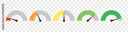 Set of speedometer, speed dial indicator. Green and red, low and high barometers,bad and good level or risk scale. Vector isolated illustration