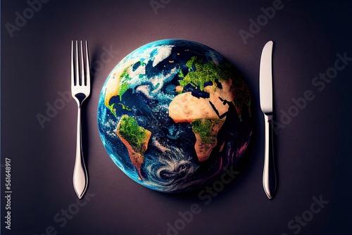 Created with Generative AI technology. The planet Earth plate with a fork and knife. World hunger concept. Feed the world.
