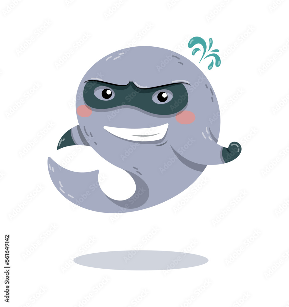 Fototapeta premium Superhero dolphin concept. Poster or banner for website. Character in mask and special gloves, sea dweller. Super strength, magic and sorcery. Mysticism and fantasy. Cartoon flat vector illustration