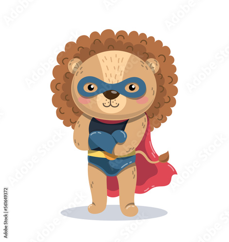 Superhero lion concept. Animal standing in blue mask, costume and red cape, character with super strength. Imagination and fantasy. Poster or banner for website. Cartoon flat vector illustration
