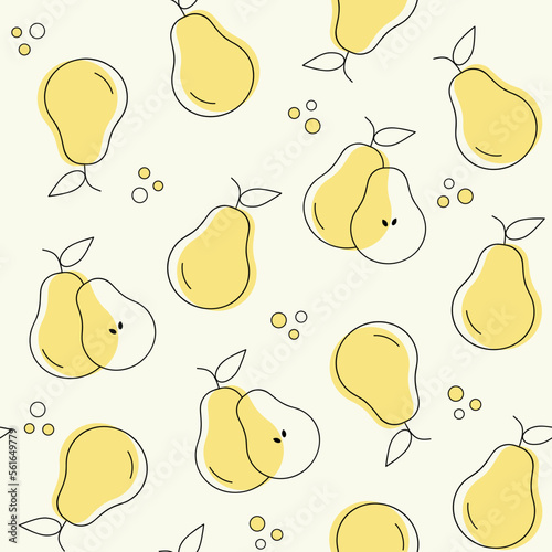 Pears seamless pattern. Vector one line doodle fruits print. Vegan healthy food pattern for nutritionist. Kitchen or restaurant design for fabrics and paper.