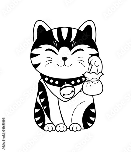 Maneki neko outline. Poster or banner for website. Charming kitten waving its paw. Asian culture and traditions. Symbol of luxury and wealth. Decor for room. Cartoon flat vector illustration