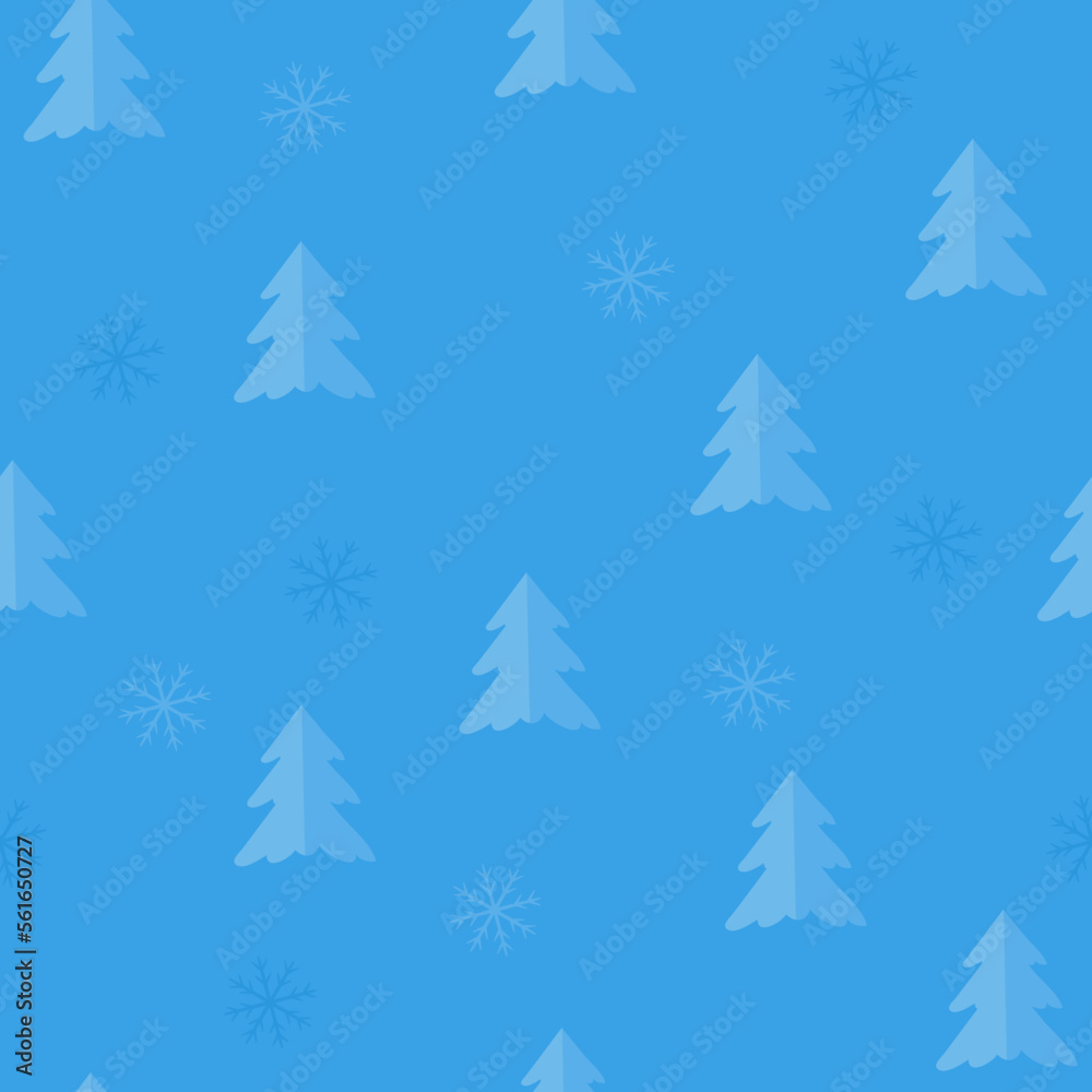 Seamless pattern with snowflakes and Christmas trees (fir) in blue and white colors. Vector graphics for background or card.