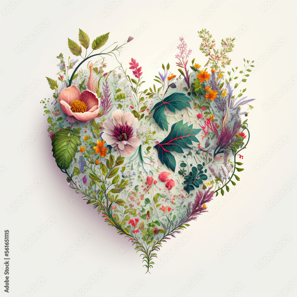 Floral heart. Heart of flowers. Wedding card. Love symbol on white background. Valentine poster - obrazy, fototapety, plakaty 