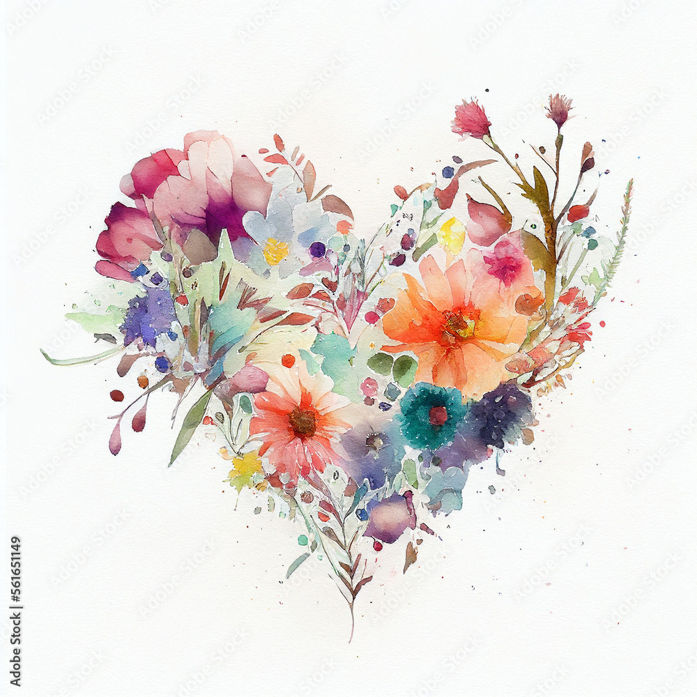 Floral heart. Heart of flowers. Wedding card. Love symbol on white background. Valentine watercolor poster