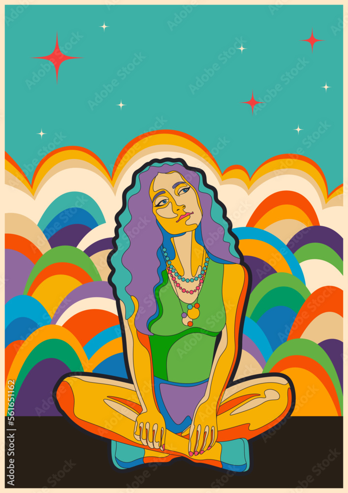 Psychedelic Vintage Style Hippie Girl Poster. 1960s Retro Colors Young Woman Portrait Art