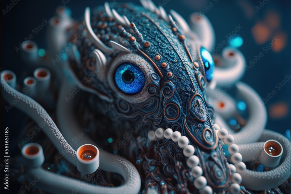 Menacing futuristic AI Kraken Animal Robot, glowing elements, scary, future created with generative ai technology Menacing futuristic AI Kraken Animal Robot, glowing elements, scary, future created with generative ai technology