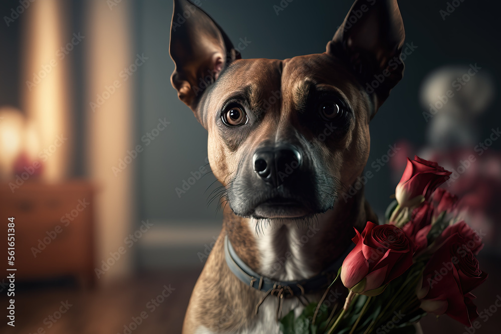 portrait of a cute dog with red roses, ai generated