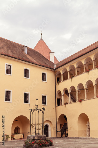 Old manor in Slovenia. Architecture of an historic villa with yellow walls. High quality photo