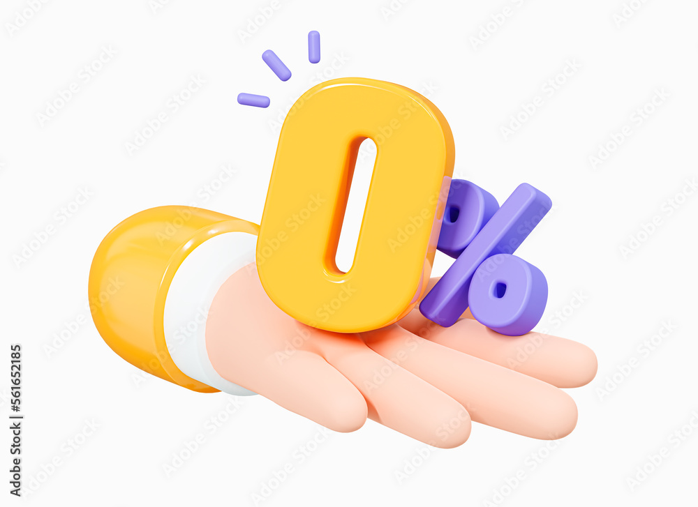 3D Hand holding zero percent interest for credit. Free commission concept. Gold 0% special offer. Bank loyalty program. Cartoon creative design icon isolated on white background. 3D Rendering - obrazy, fototapety, plakaty 