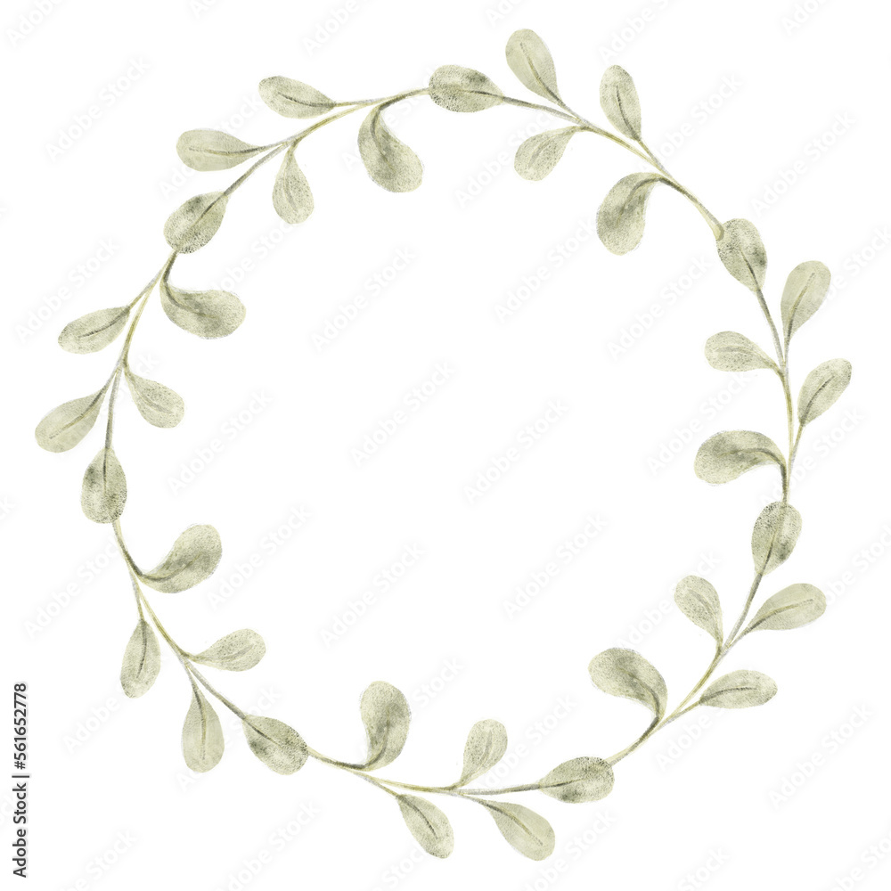 Wreath with Green watercolor hand painted leaves. Isolated on white background stylized elements. Best for wedding invitation, birthday cards, greeting, trendy design, print on textile