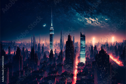 Night view on a futuristic city