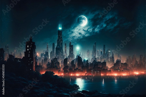 Night view on a futuristic city