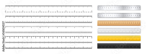 Realistic metal and plastic rulers. Measurement scales with divisions. Scale for measuring length or height in centimeters, inches. Ruler, tape measure marks, size indicators. Vector illustration
