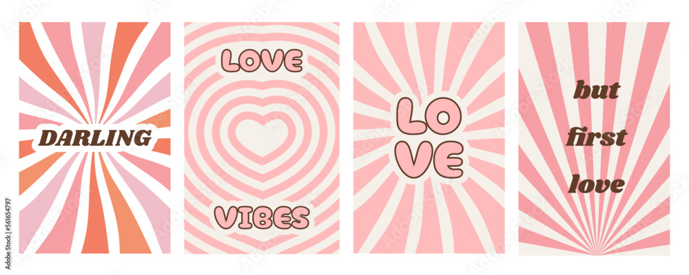 Naklejka premium Valentines day greeting card with romantic girly text. Contemporary funky groovy hippie love posters. Set of simple abstract background in trendy retro 60s 70s style. Vector flat illustration.