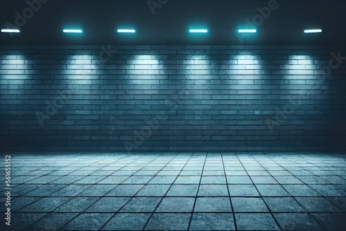 The Dark Blue Neon Lights Illuminated the Rough Surface with Warm Spotlights, Generative AI © Oleksii