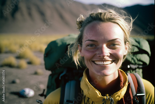 Smiling female explorer with backpack in the mountains, Generative AI.