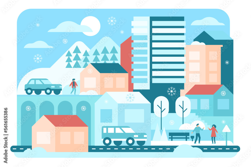 Winter geometric city with walking people vector illustration. Cartoon simple minimal landscape with residential modern block buildings, houses and bridge, car on street and park with trees and bench