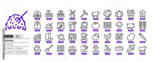 Farming related, pixel perfect, editable stroke, up scalable, line, vector bloop icon set.