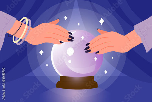 Hands of magical fortune teller with crystal ball vector illustration. Cartoon magic seer sitting at mystic glass globe on table with blue curtains, lady gazing in sphere with stars to predict future