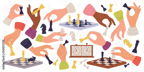 Hands of chess players flat icons set. Wooden chess pieces. Pawns, bishops, knights, rooks