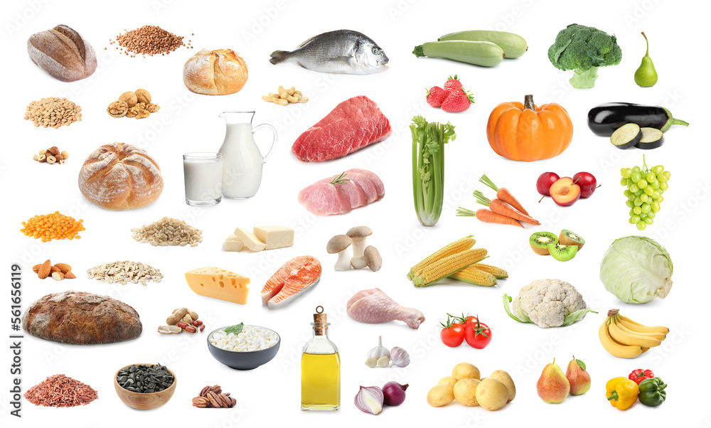 Healthy diet. Set with many different products on white background Healthy diet. Set with many different products on white background