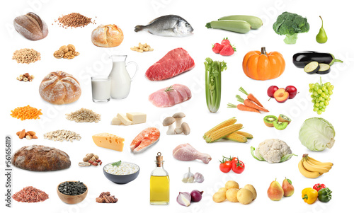 Fototapeta Naklejka Na Ścianę i Meble -  Healthy diet. Set with many different products on white background