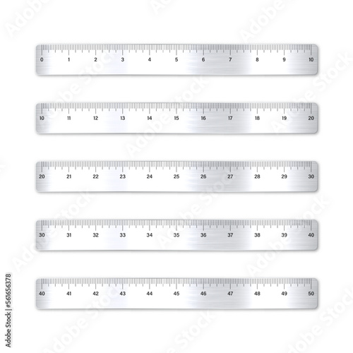 Realistic various brushed metal rulers with measurement scale and divisions, measure marks. School ruler, inch scale for length measuring. Office supplies. Vector illustration