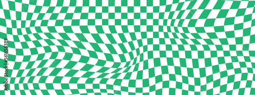 Distorted green and white chessboard background. Dizzy checkered visual illusion. Psychedelic pattern with warped squares. Trippy checkerboard surface