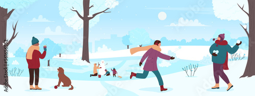 Winter activity of people in city park vector illustration. Cartoon family and friends play snowballs and build snowman, walk dog with cup of hot drink, fun games of characters outdoor wintertime
