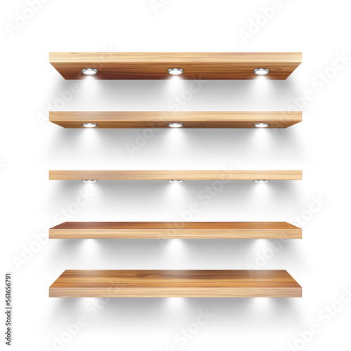 Realistic wooden store shelves with lighting, spotlights. Empty product shelf, grocery wall rack. Mall and supermarket furniture, bookshelf. Modern interior design element. Vector illustration