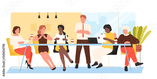 Business people on meeting vector illustration. Cartoon satisfied happy male and female characters sit at table to discuss problems and corporate ideas, negotiate for dialogue, boss standing near desk
