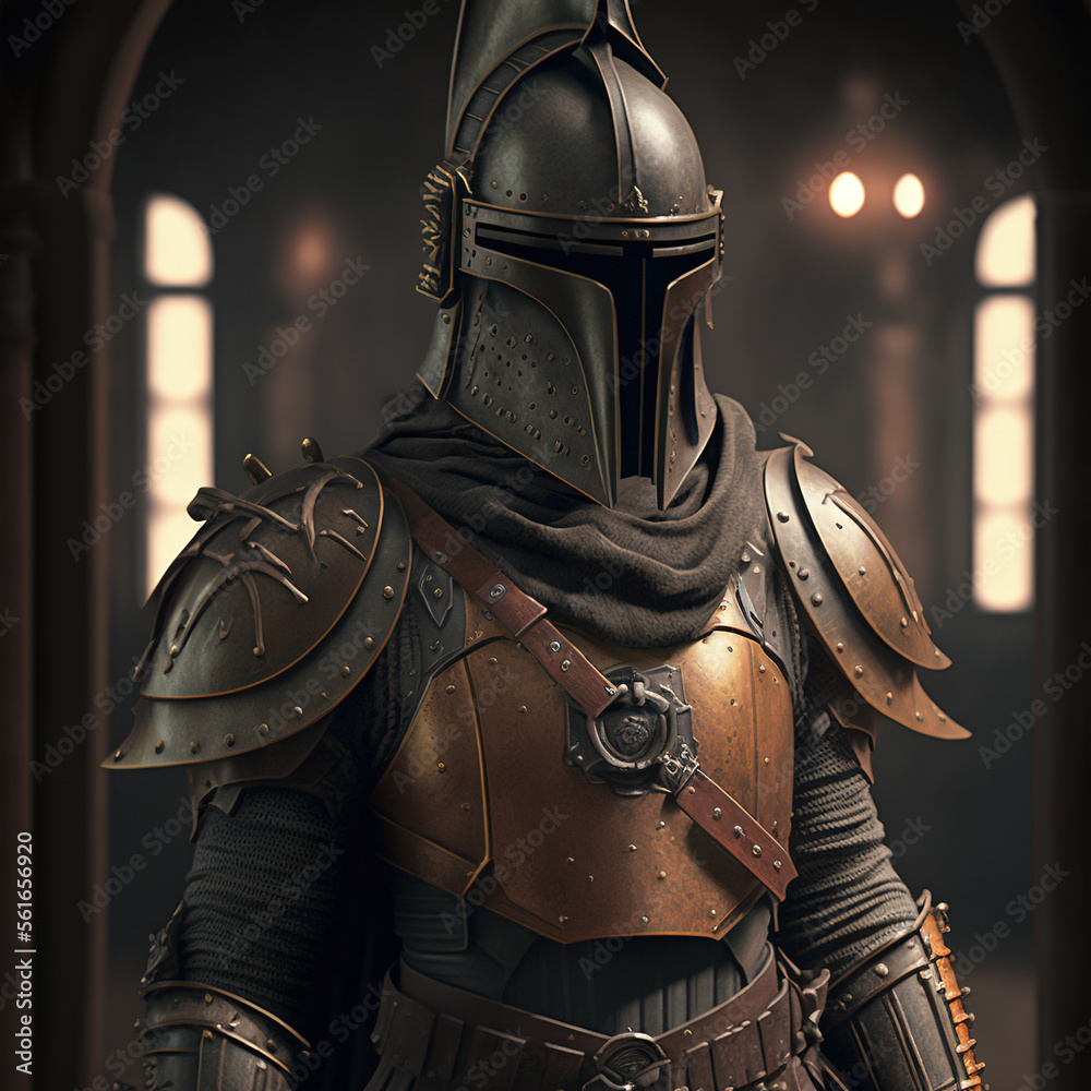 Man wear Ancient Soldier suit with weapon with steel, iron combination