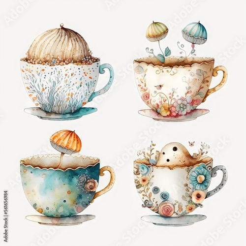 Whimsical collection of tea cups watercolor created with AI