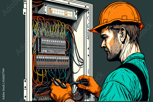 AI generative illustration of Electrician installing electric cable wires and fuse switch box with multimeter in hands.