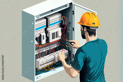 AI generative illustration of Electrician installing electric cable wires and fuse switch box with multimeter in hands.