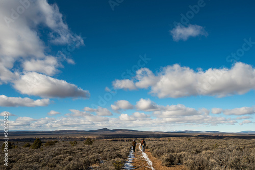 Two people walk in a field near Taos, New Mexico. photo