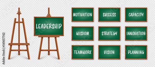 Green chalkboard on wooden easel. Blackboard in wooden frame on a tripod. Presentation board with text, writing or drawing surface. Leadership and success, goals achievement. Vector illustration