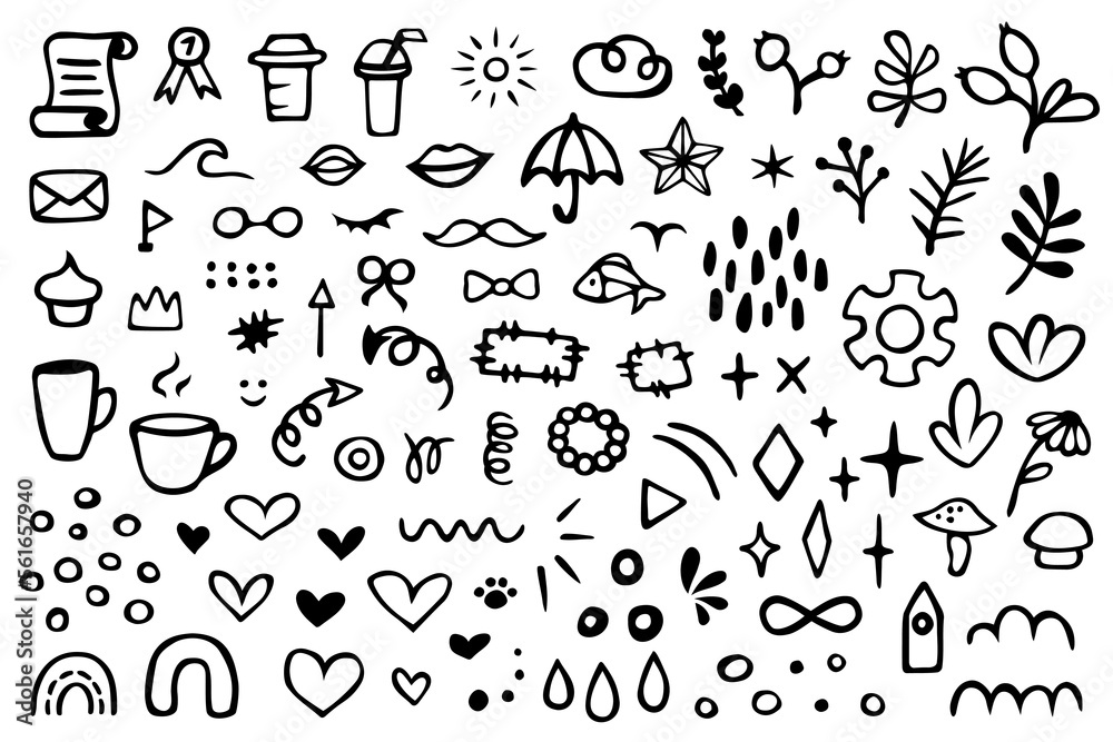 Vector set of different doodles. Hand drawn elements isolated on white background.