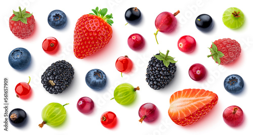 Fruits and berries isolated on white background, top view, flat lay