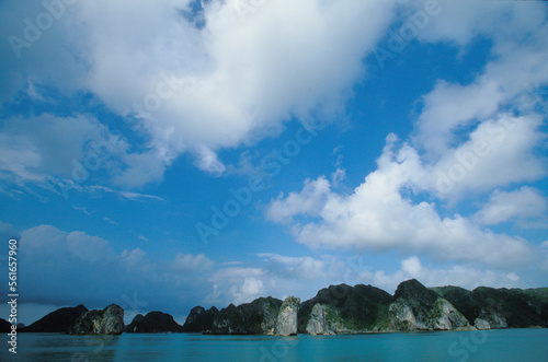 Clouds and blue skies over Halong Bay in Vietnam.