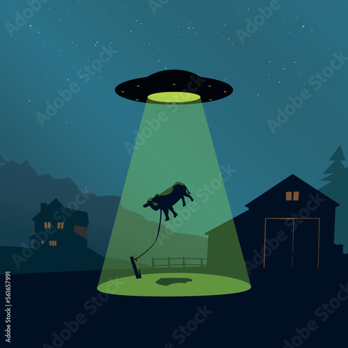 a ufo spaceship abducting cow from village